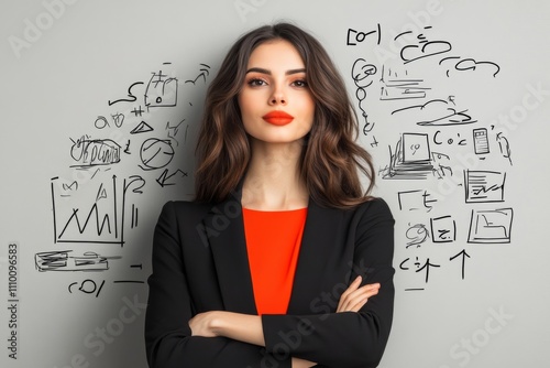 Professional woman in formal attire stands confidently against a backdrop of business graphics and sketches in a modern workspace photo