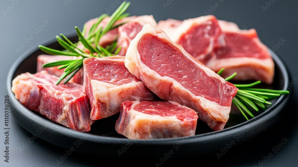 Fresh cuts of meat arranged on a plate with herbs in a modern kitchen setting Fresh cuts of meat arranged on a plate with herbs in a modern kitchen setting