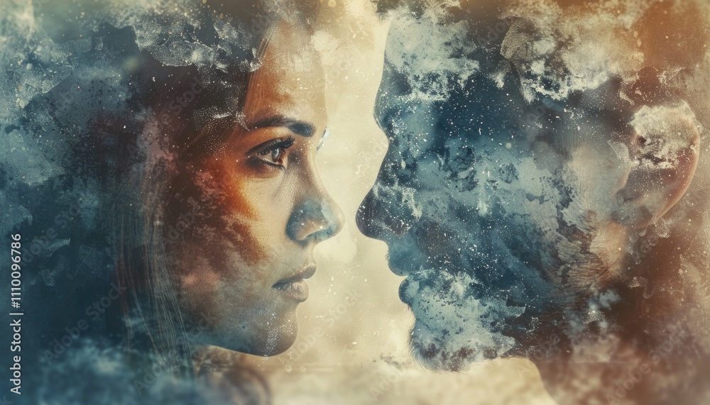 Surreal Portrait of Couple Staring at Each Other in Abstract Dreamy Environment Surreal Portrait of Couple Staring at Each Other in Abstract Dreamy Environment