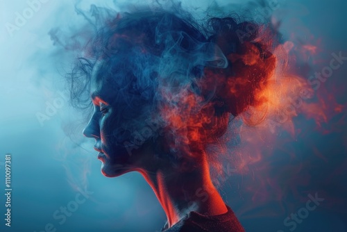 Abstract Silhouette of Woman with Colorful Smoke Effects in Profile View