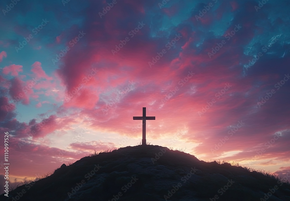 Fototapeta premium Sunset Cross: A Cinematic Easter Landscape with Sacred Symbolism