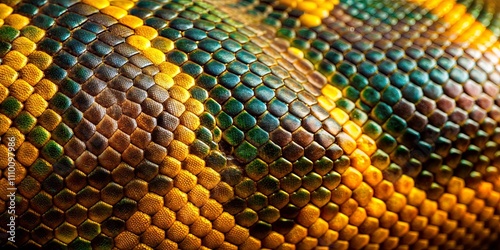 Close-up view of a reptile's iridescent scales, exhibiting vibrant hues of gold, green, and brown photo