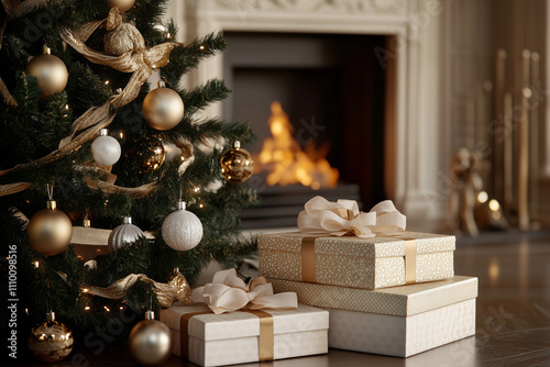 Warm and festive holiday interior featuring a glowing Christmas tree and neatly arranged presents near a roaring fireplace. photo