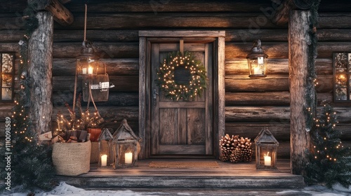 A rustic log cabin in the woods, with natural decor like pine cones and burlap, a simple wreath, and lanterns adding a warm holiday glow.