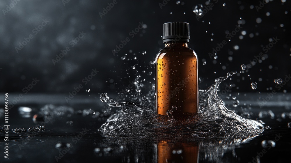 Amber bottle in water splash. Amber bottle in water splash.