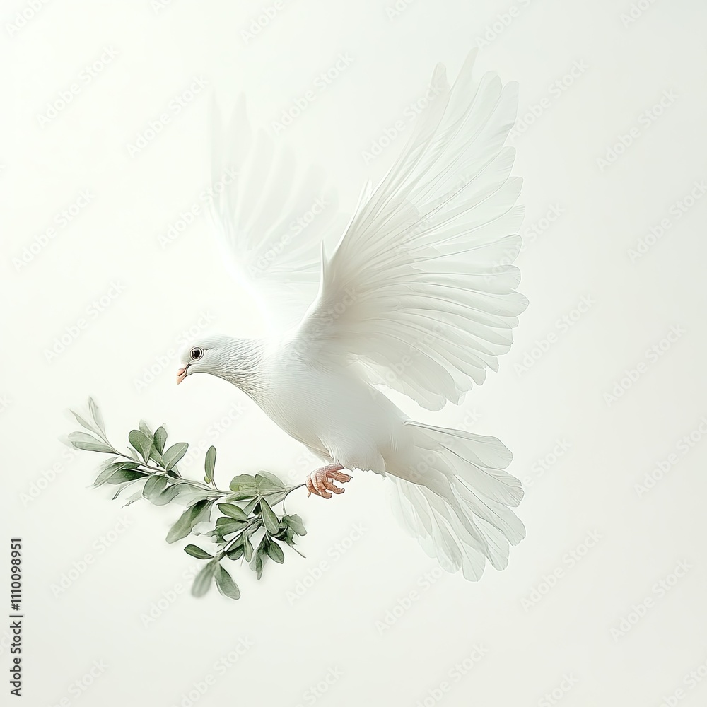 White dove flying with an olive branch, isolated on a white background