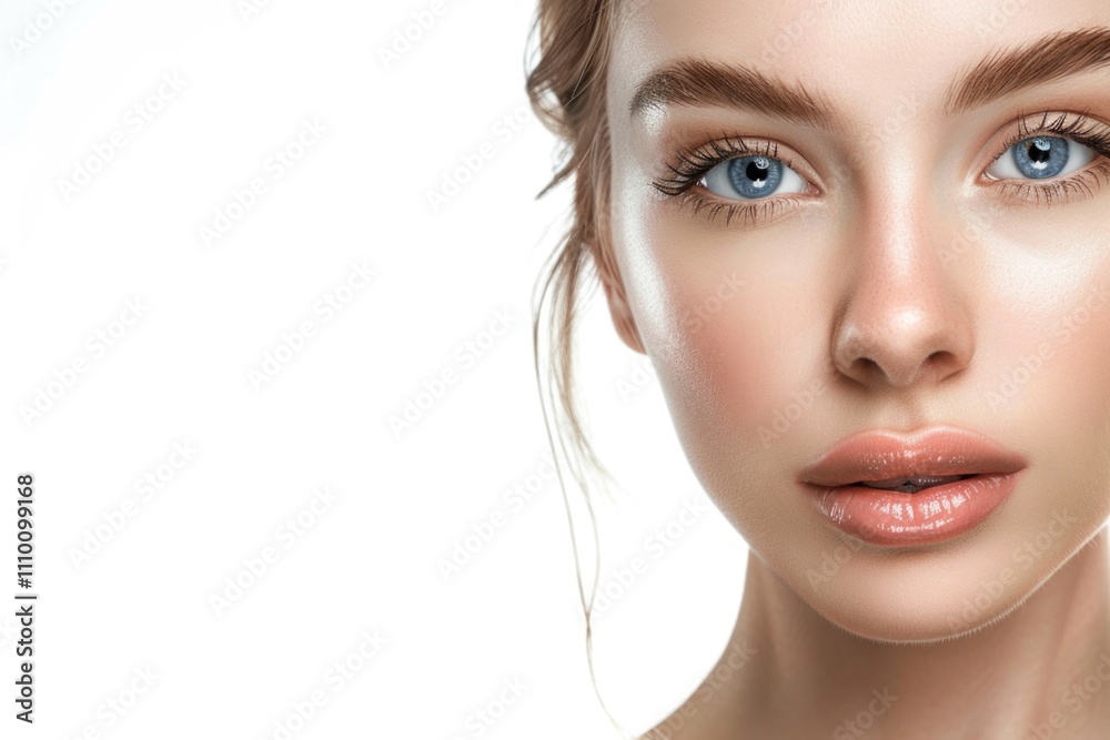 CloseUp of Woman with Flawless Skin and Blue Eyes on White Background Beauty and Skincare Concept CloseUp of Woman with Flawless Skin and Blue Eyes on White Background Beauty and Skincare Concept