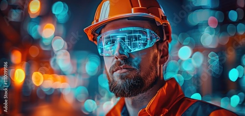 Futuristic Engineer with Augmented Reality Glasses in HighTech Industrial Environment