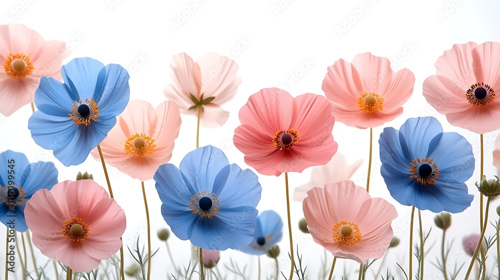 Pastel Pink Blue Flowers Blooming Meadow Spring Floral Background Pastel Pink Blue Flowers Blooming Meadow Spring Floral Background