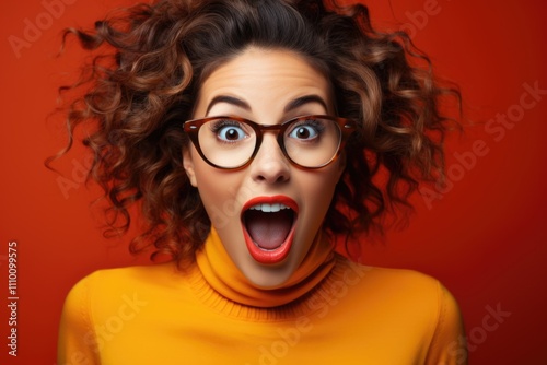 Excited Woman with Curly Hair and Glasses in Vibrant Orange Background photo