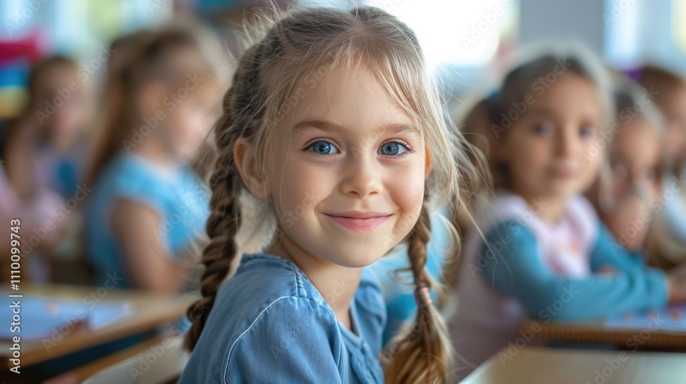 Smiling Young Girl in Classroom with Classmates and Books Smiling Young Girl in Classroom with Classmates and Books
