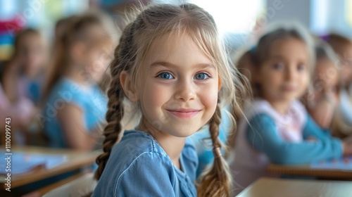 Smiling Young Girl in Classroom with Classmates and Books