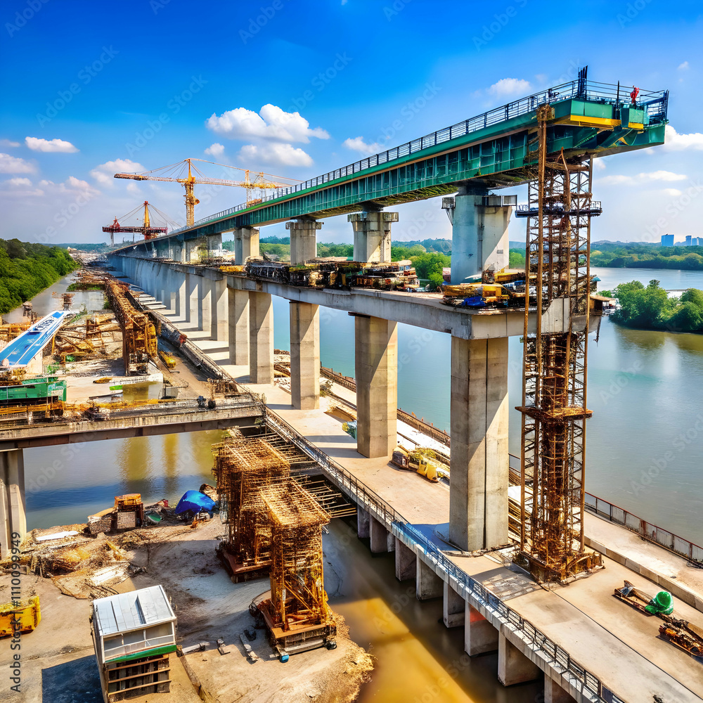 Obraz premium Bridge construction in Karain, showcasing engineering work with cranes
