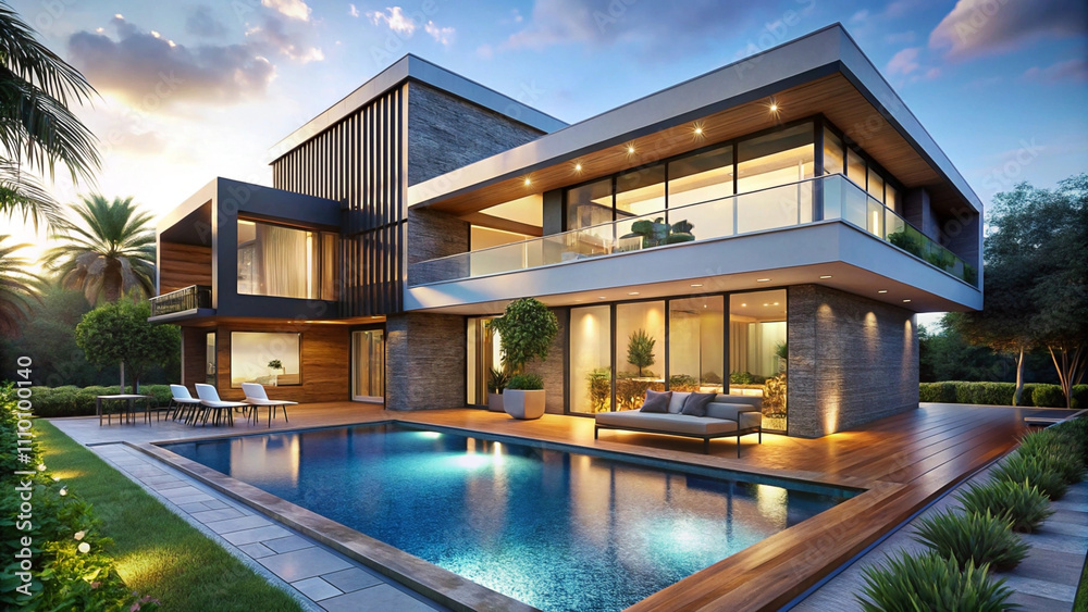 Luxurious modern villa with pool at sunset. Luxurious modern villa with pool at sunset.