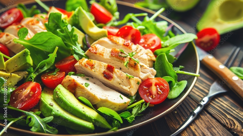Grilled chicken salad with avocado and tomatoes Grilled chicken salad with avocado and tomatoes