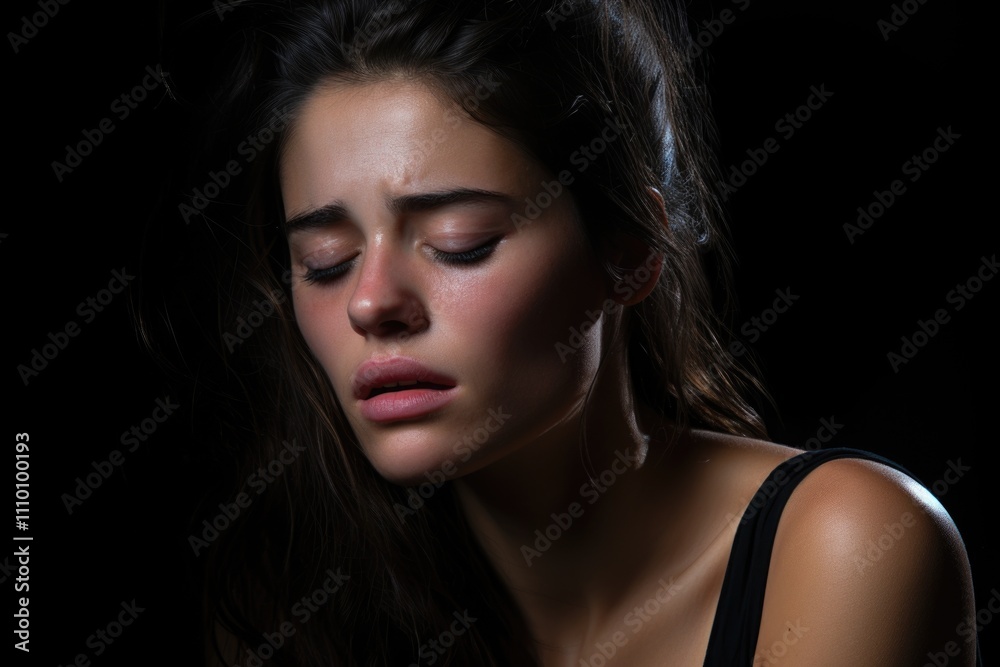 Woman with long black hair looking down