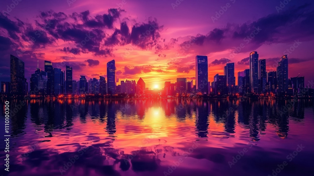 a vibrant sunset behind a futuristic city skyline, glowing lights reflecting on glass buildings, purple and orange skies, sci-fi atmosphere a vibrant sunset behind a futuristic city skyline, glowing lights reflecting on glass buildings, purple and orange skies, sci-fi atmosphere