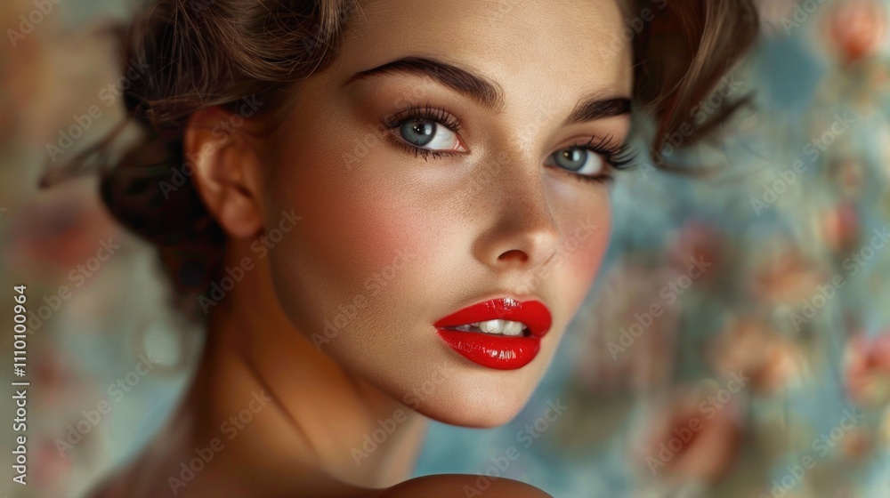 Portrait of a Young Woman with Bright Red Lips and Clear Blue Eyes against a Soft Floral Background Portrait of a Young Woman with Bright Red Lips and Clear Blue Eyes against a Soft Floral Background