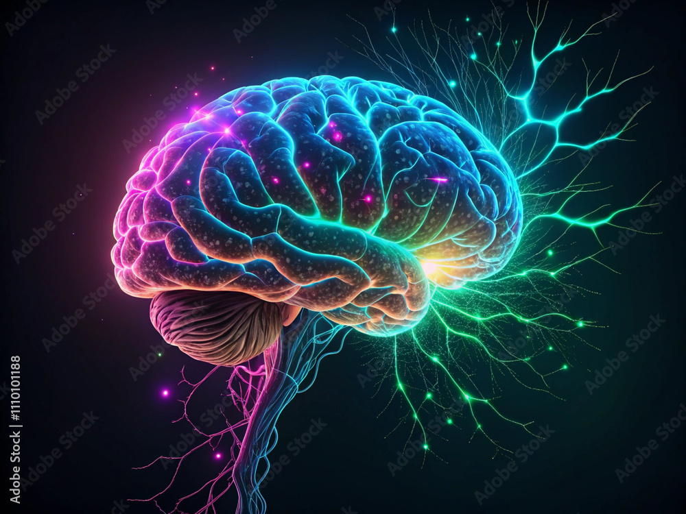 Fototapeta premium A digital brain with intricate neural networks glowing in neon colors