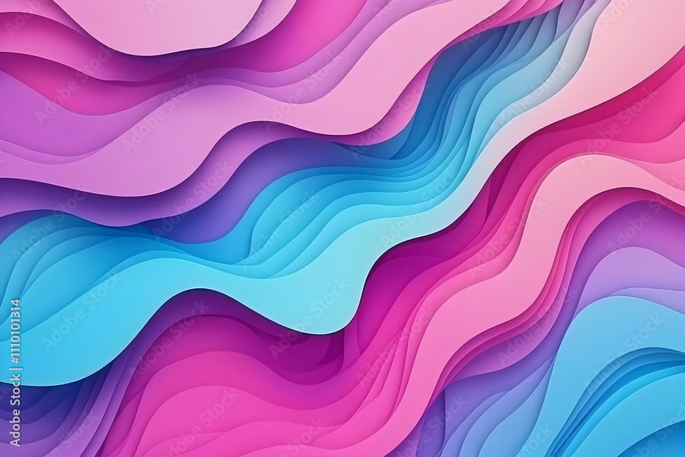Abstract wavy layered paper design in pink, purple, and blue.