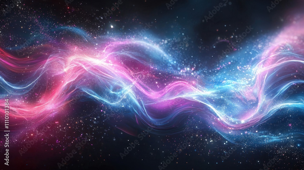 A cosmic-inspired abstract background with swirling holographic waves of neon pink, blue, and silver. Tiny sparks of light scatter across the scene, creating a feeling of technological wonder A cosmic-inspired abstract background with swirling holographic waves of neon pink, blue, and silver. Tiny sparks of light scatter across the scene, creating a feeling of technological wonder