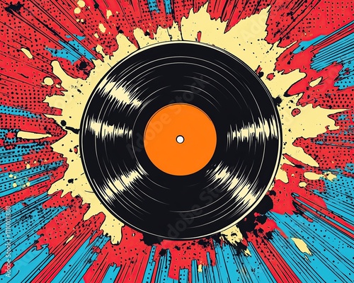 Vibrant Pop Art vinyl record illustration with bold colors and dynamic paint splatters. Perfect for music, retro, and vintage designs.
