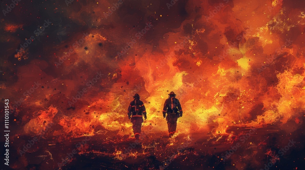 Fototapeta premium Firefighters battling blaze amidst fiery inferno