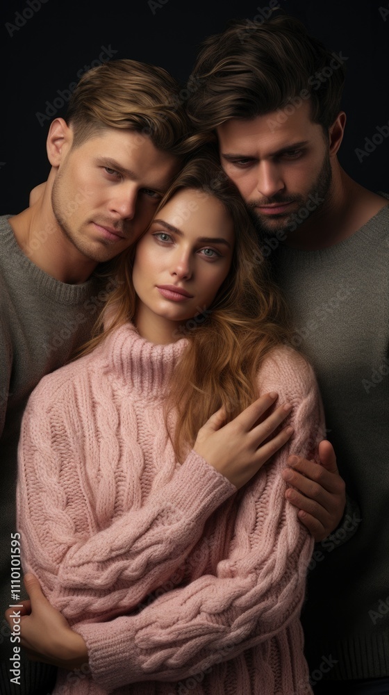 Woman between two men in studio portrait Woman between two men in studio portrait