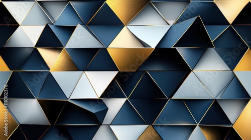 A geometric abstract design with overlapping triangles in bold shades of navy, gold, and white. The sharp angles and layered transparency create depth and a modern, edgy look. Perfect for sleek 