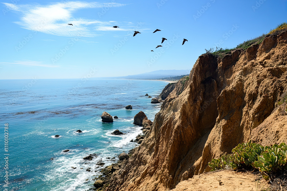 Coastal cliffs with a view of the ocean and seabirds flying overhead Coastal cliffs with a view of the ocean and seabirds flying overhead