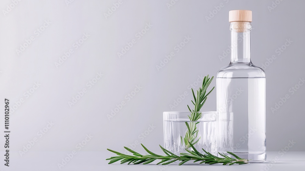 Minimalistic Vodka Glass and Bottle with a Delicate Sprig for Elegant Drink Presentations Minimalistic Vodka Glass and Bottle with a Delicate Sprig for Elegant Drink Presentations