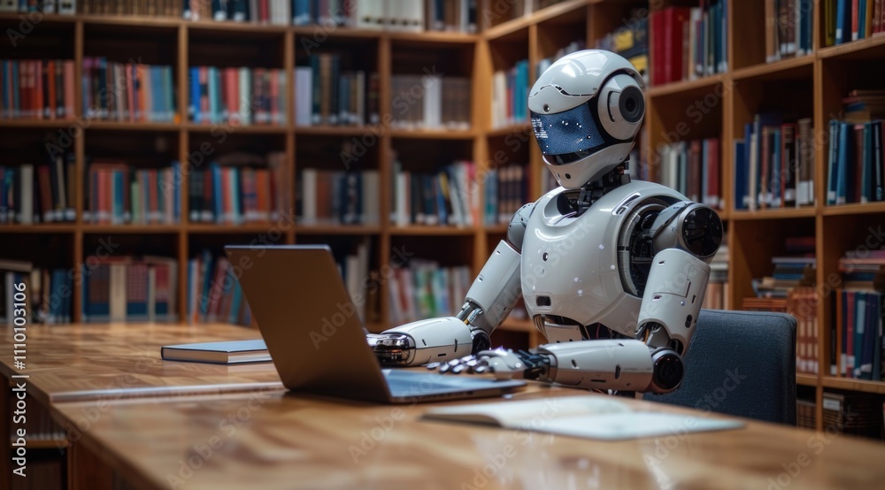 Robot using laptop in library Robot using laptop in library