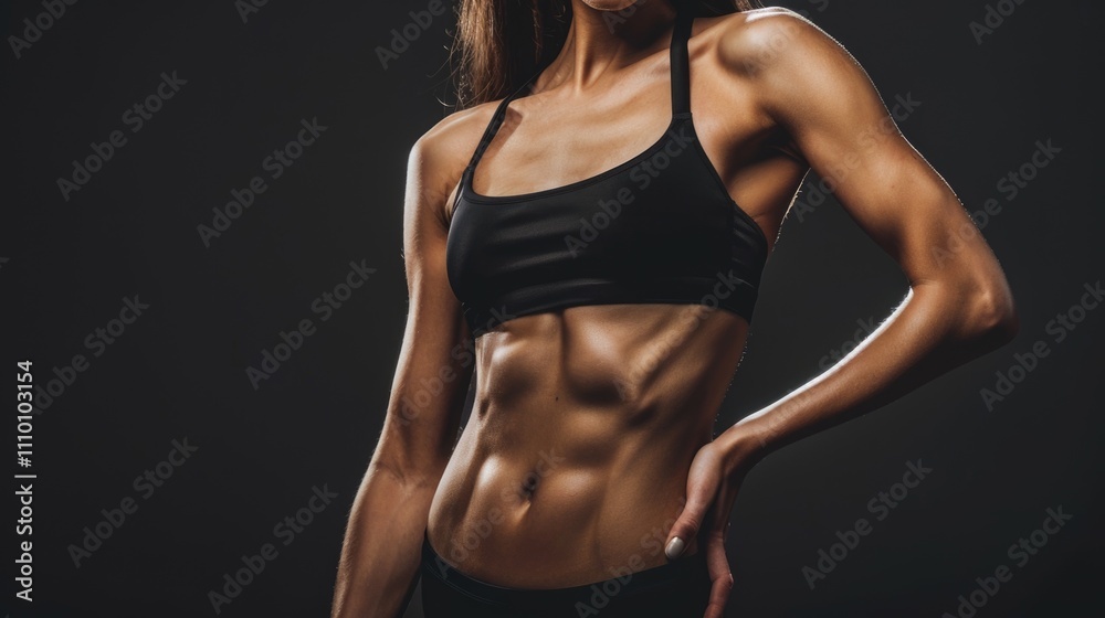 Naklejka premium Fit Woman with Defined Abs Posing in Sports Bra Against Dark Background