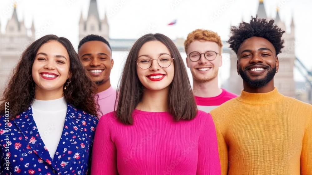 Group of Happy Friends Smiling in Front of Iconic City Landmark, Showcasing Diverse Styles and Vibrant Personalities with Joyful Expressions. Group of Happy Friends Smiling in Front of Iconic City Landmark, Showcasing Diverse Styles and Vibrant Personalities with Joyful Expressions.