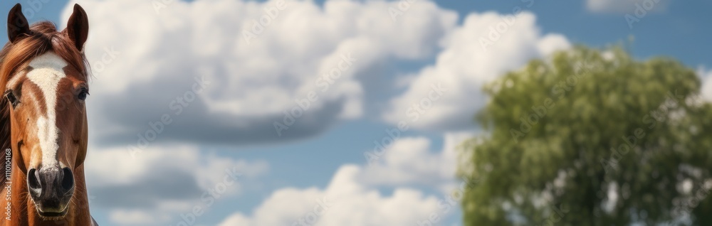 Brown horse with white markings under cloudy sky Brown horse with white markings under cloudy sky
