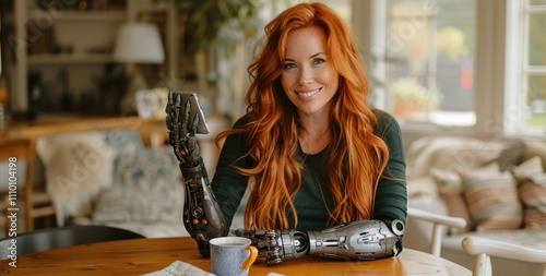 Woman with Advanced Bionic Arms Enjoys Coffee at Home  Futuristic Assistive Technology in Daily Life photo