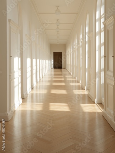 White hallway with doors and light at the end