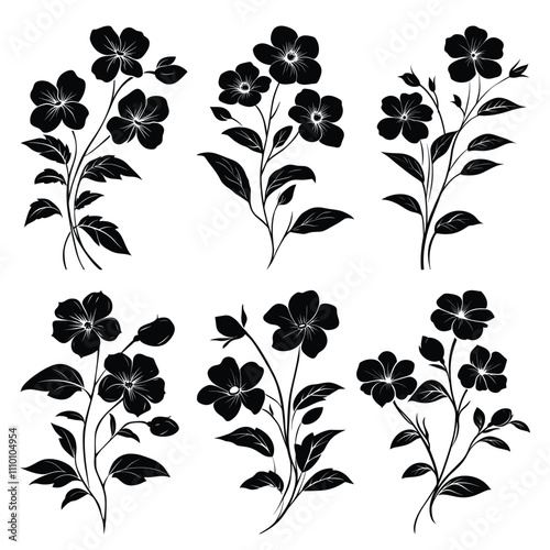 A black and white Silhouettes of blooming flowers set with white background