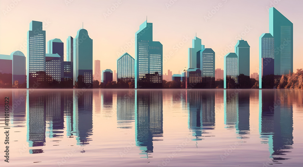 Fototapeta premium A modern city skyline reflected in calm water, showcasing tall buildings against a serene sunset backdrop.