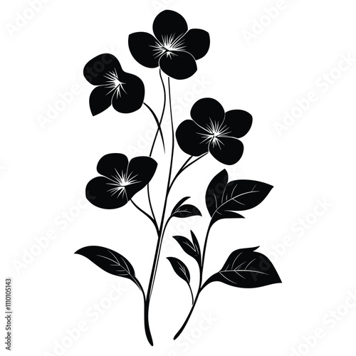 A black and white Silhouettes of blooming flowers set with white background