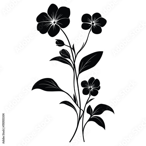 A black and white Silhouettes of blooming flowers set with white background