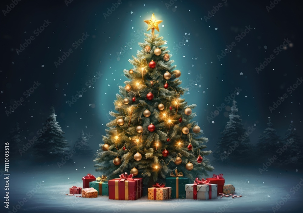 Obraz premium Christmas tree and presents amidst snow