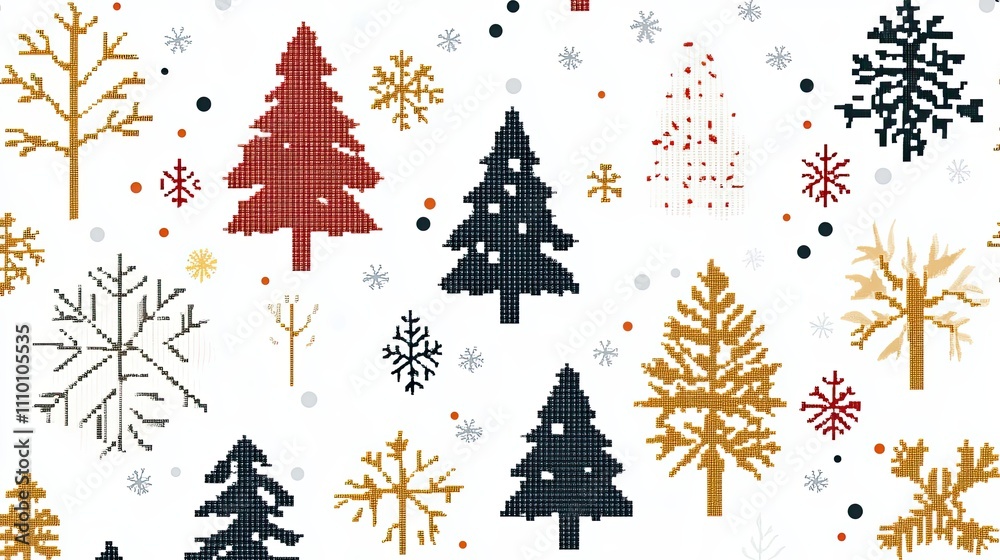 Pixelated Winter Trees And Snowflakes Festive Design Pixelated Winter Trees And Snowflakes Festive Design