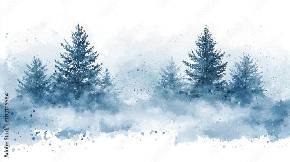 A soft watercolor winter scene with snow-covered trees and a pale blue sky fading into white. The delicate brushstrokes create a serene and frosty atmosphere. The design is perfect for seasonal A soft watercolor winter scene with snow-covered trees and a pale blue sky fading into white. The delicate brushstrokes create a serene and frosty atmosphere. The design is perfect for seasonal