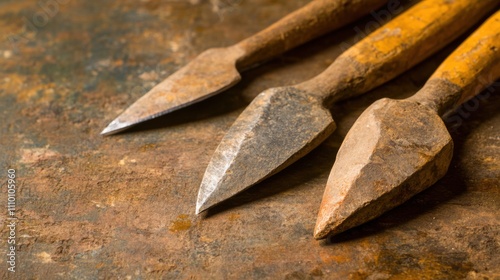 Close-up of ancient stone tools, sharp flint knives, and polished axes on a weathered wooden surface, symbolizing prehistoric craftsmanship and the dawn of human ingenuity. photo