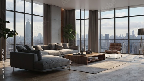 Elegant living room with modern design  featuring minimalist furniture and large windows overlooking a cityscape. 3D Rendering  High Resolution