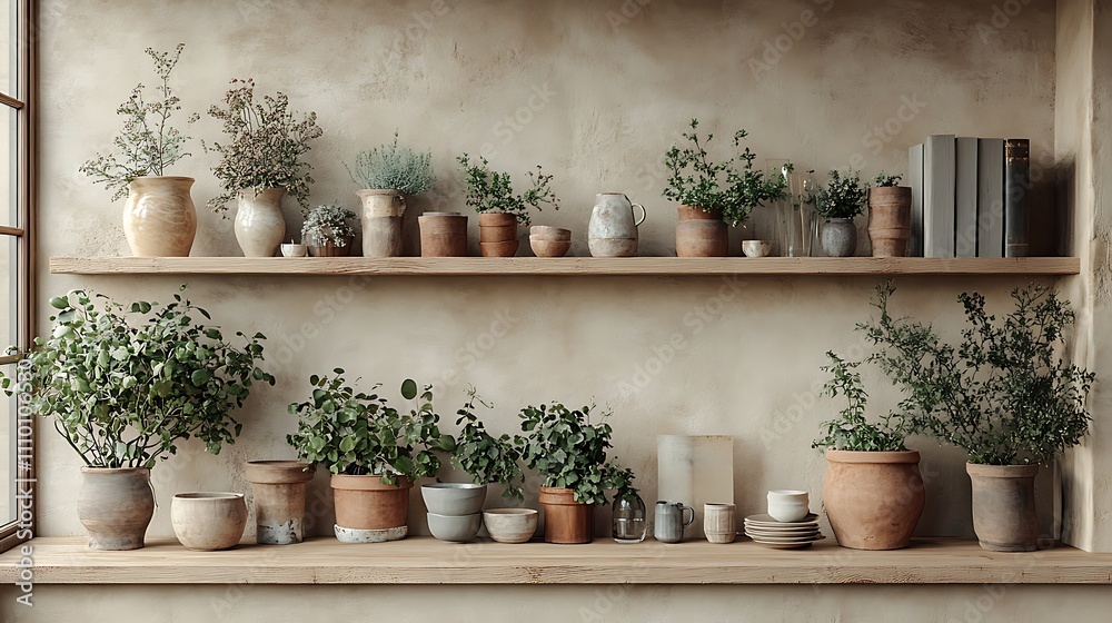 Rustic Wooden Shelves with Plants and Pottery Rustic Wooden Shelves with Plants and Pottery