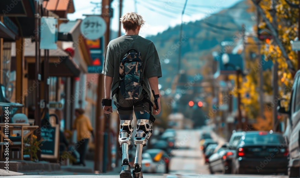 Man with Prosthetic Legs Walking in City Street with Backpack and Outdoor Gear Man with Prosthetic Legs Walking in City Street with Backpack and Outdoor Gear