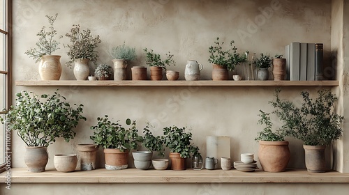 Rustic Wooden Shelves with Plants and Pottery