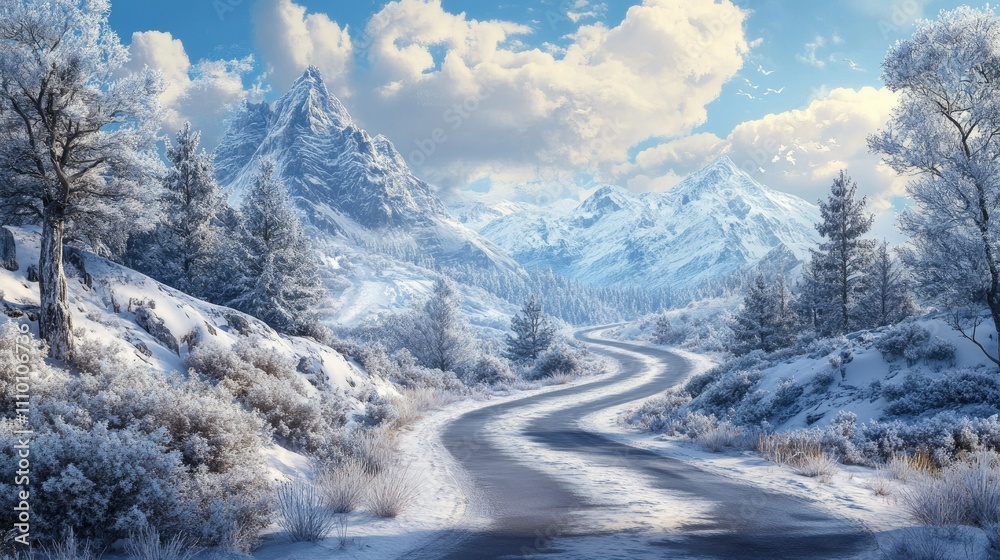 A curving road through a snowy wilderness, bordered by frosted trees and snow-covered mountains, evoking the calm beauty of a winter landscape A curving road through a snowy wilderness, bordered by frosted trees and snow-covered mountains, evoking the calm beauty of a winter landscape